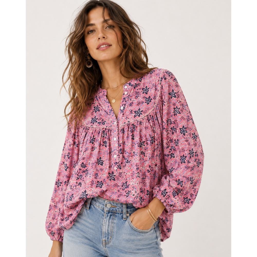 Xirena Pascal Pink Floral Cotton Silk Blend Button Front Blouse Top Medium